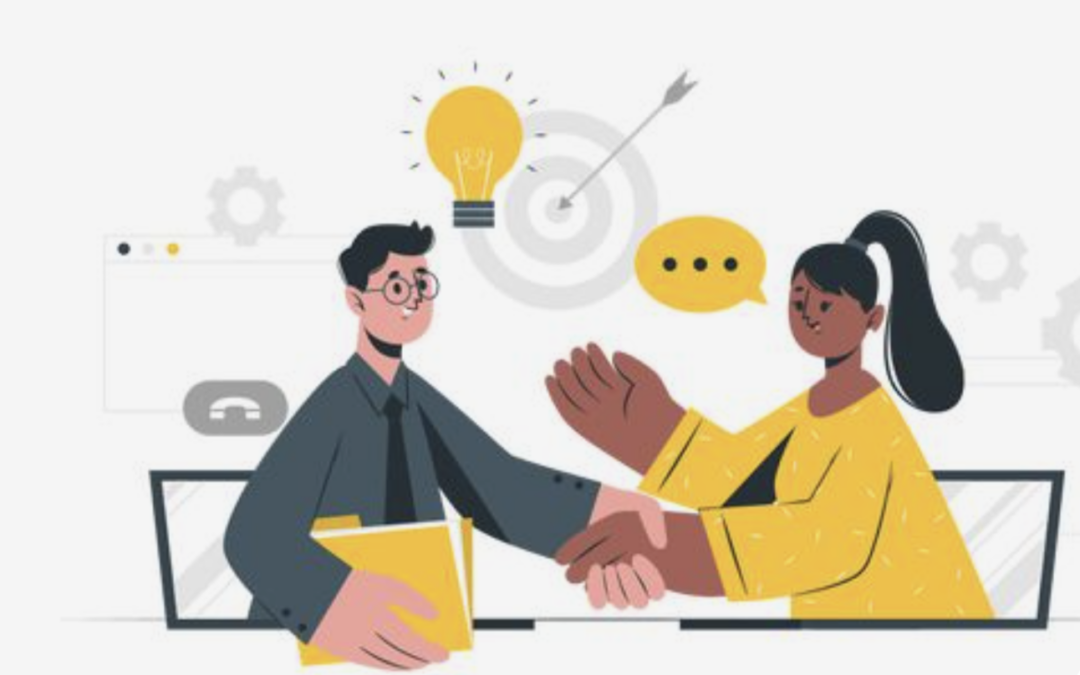Business Vector Illustration of Man and Woman Shaking Hands with Lightbulbs - Communication Concept
