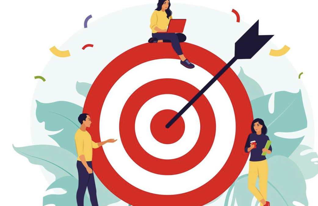 Vector illustration depicting three people strategically positioned around a target, symbolizing collaborative efforts towards the common business goal of gender equality.